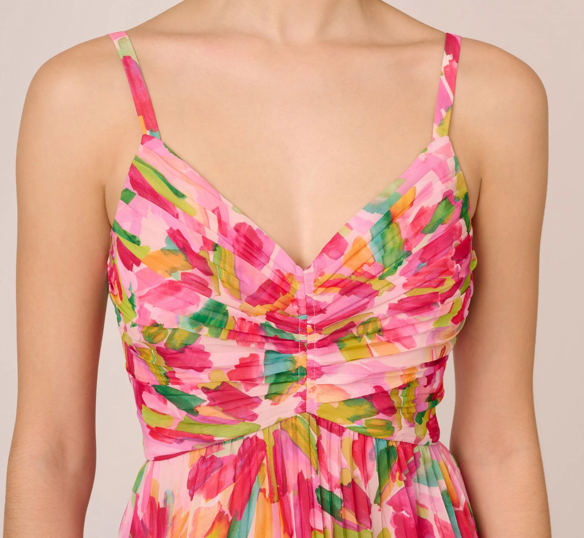 Floral Print Pleated Chiffon Midi Dress In Pink Green Multi