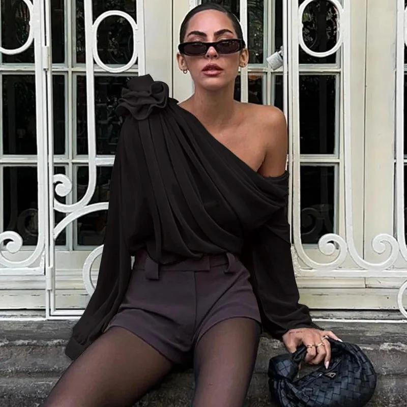 French  Sexy Off Shoulder Temperament Long Sleeve Crop Top