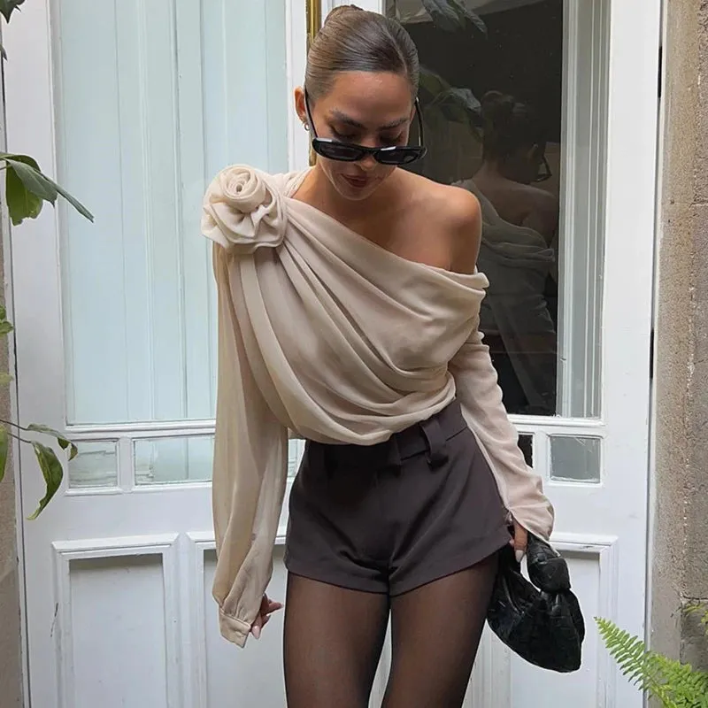 French  Sexy Off Shoulder Temperament Long Sleeve Crop Top