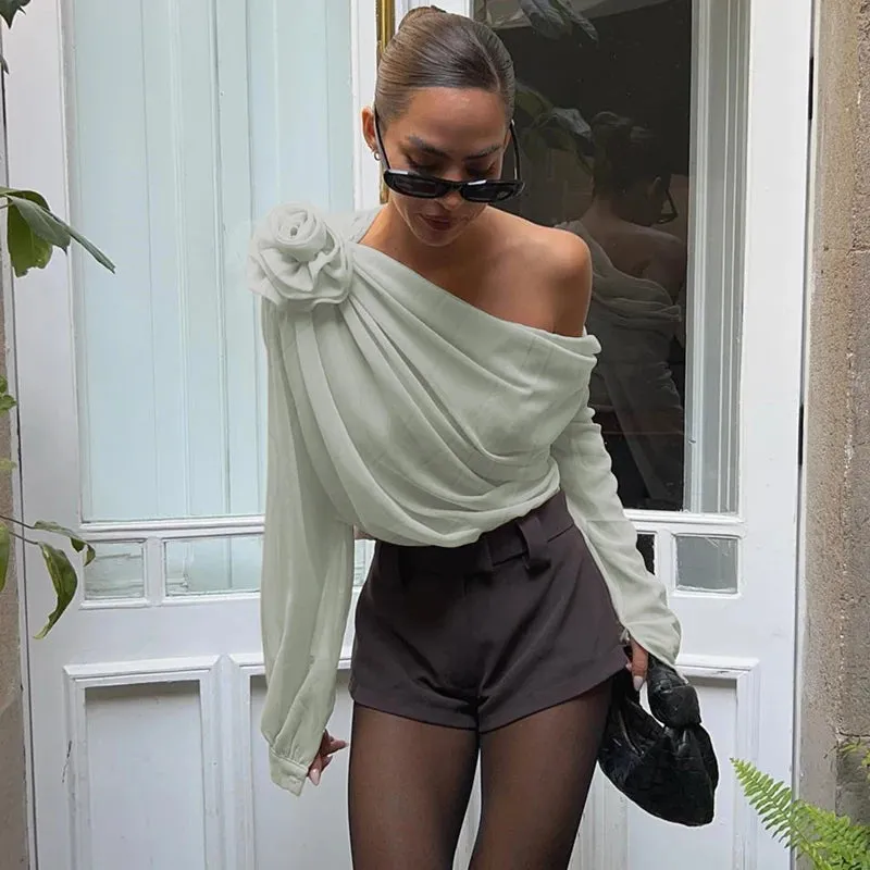 French  Sexy Off Shoulder Temperament Long Sleeve Crop Top