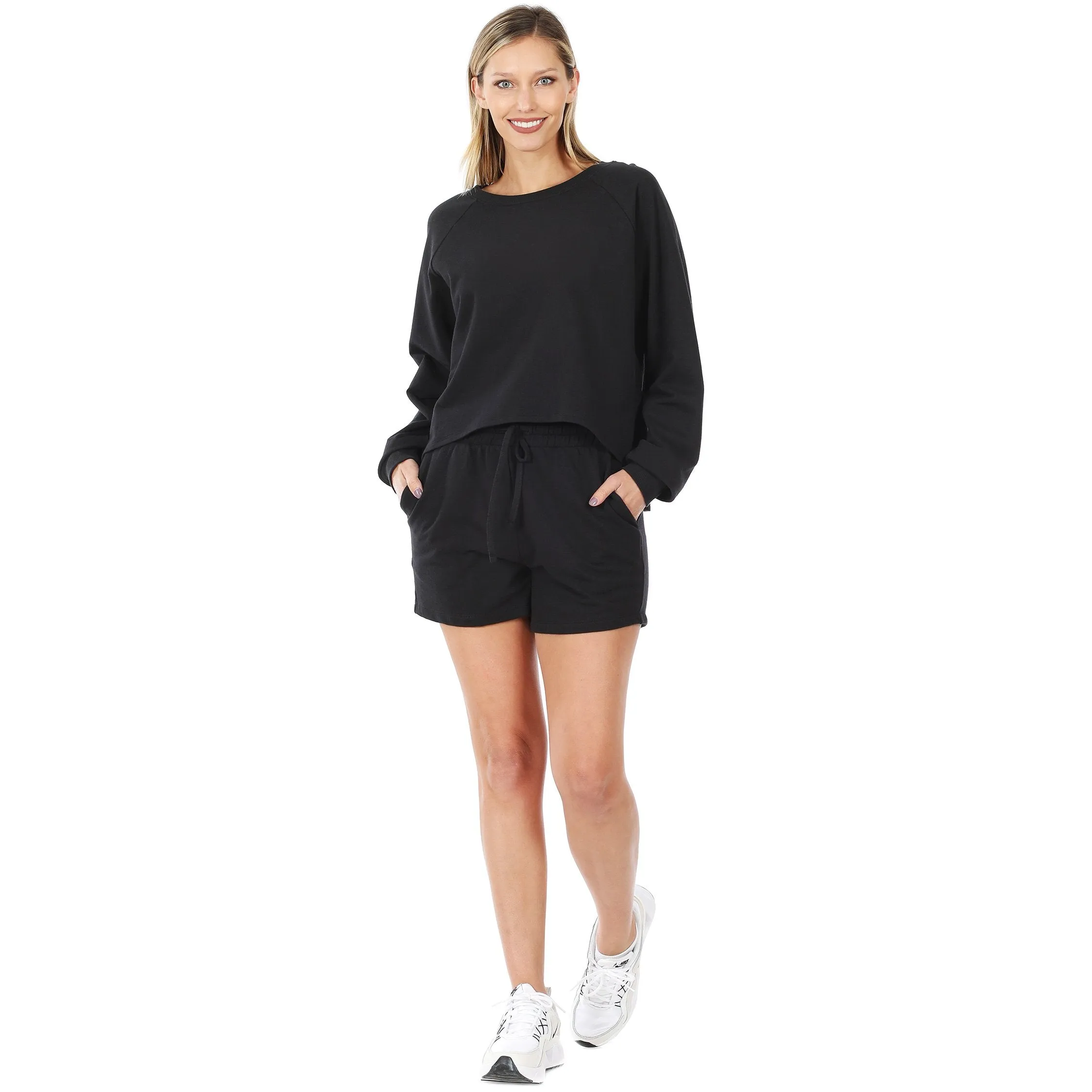 French Terry Sweatshirt & Shorts Lounge Set in Black