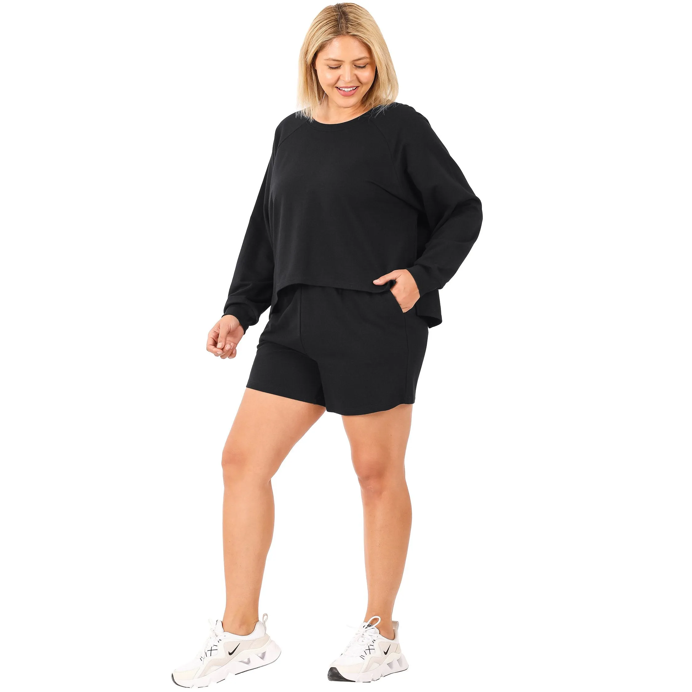 French Terry Sweatshirt & Shorts Lounge Set in Black
