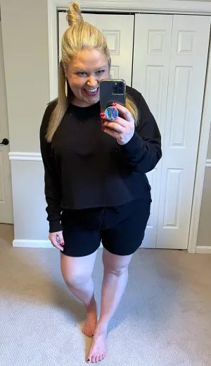 French Terry Sweatshirt & Shorts Lounge Set in Black