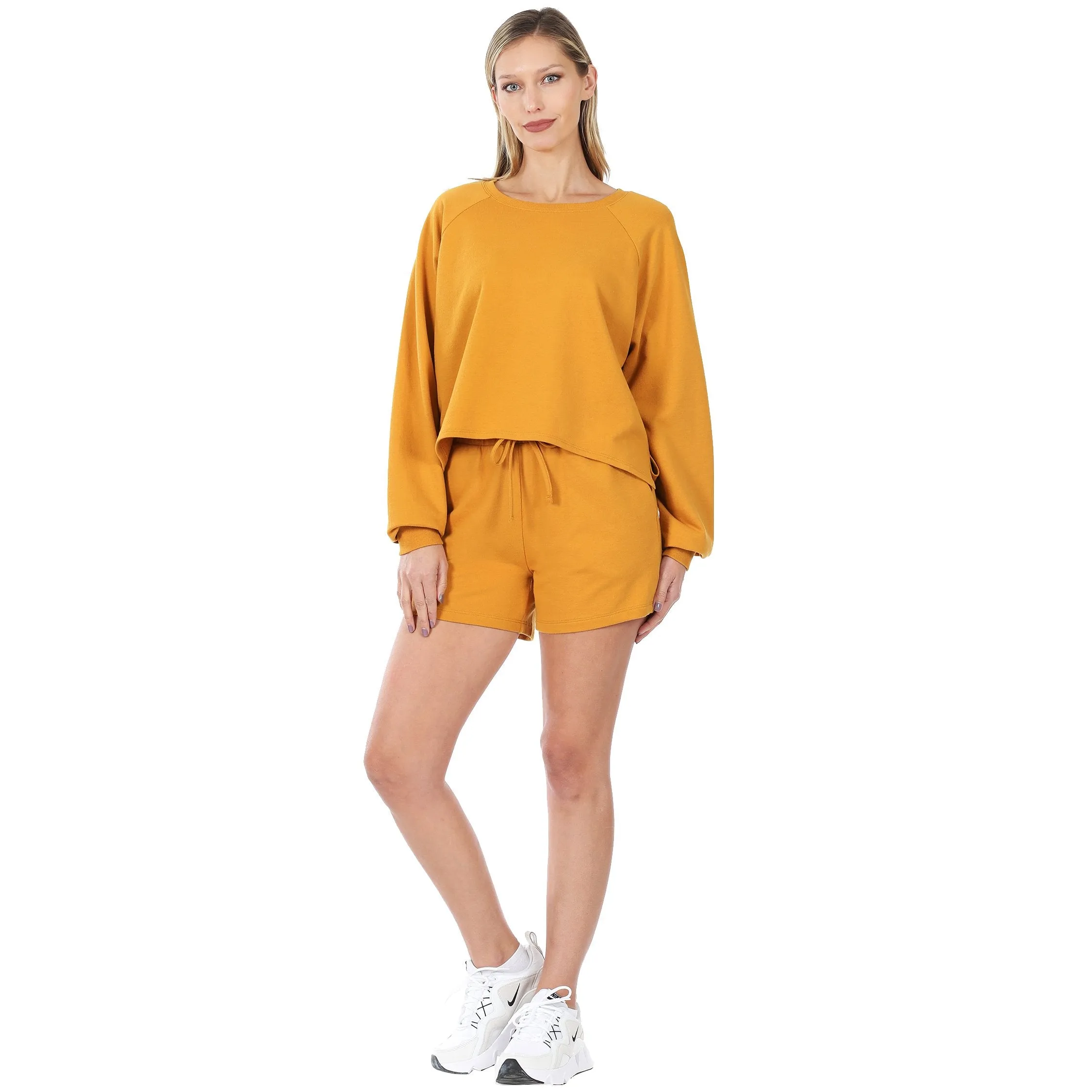 French Terry Sweatshirt & Shorts Lounge Set in Golden Mustard