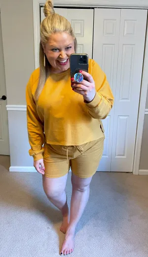 French Terry Sweatshirt & Shorts Lounge Set in Golden Mustard