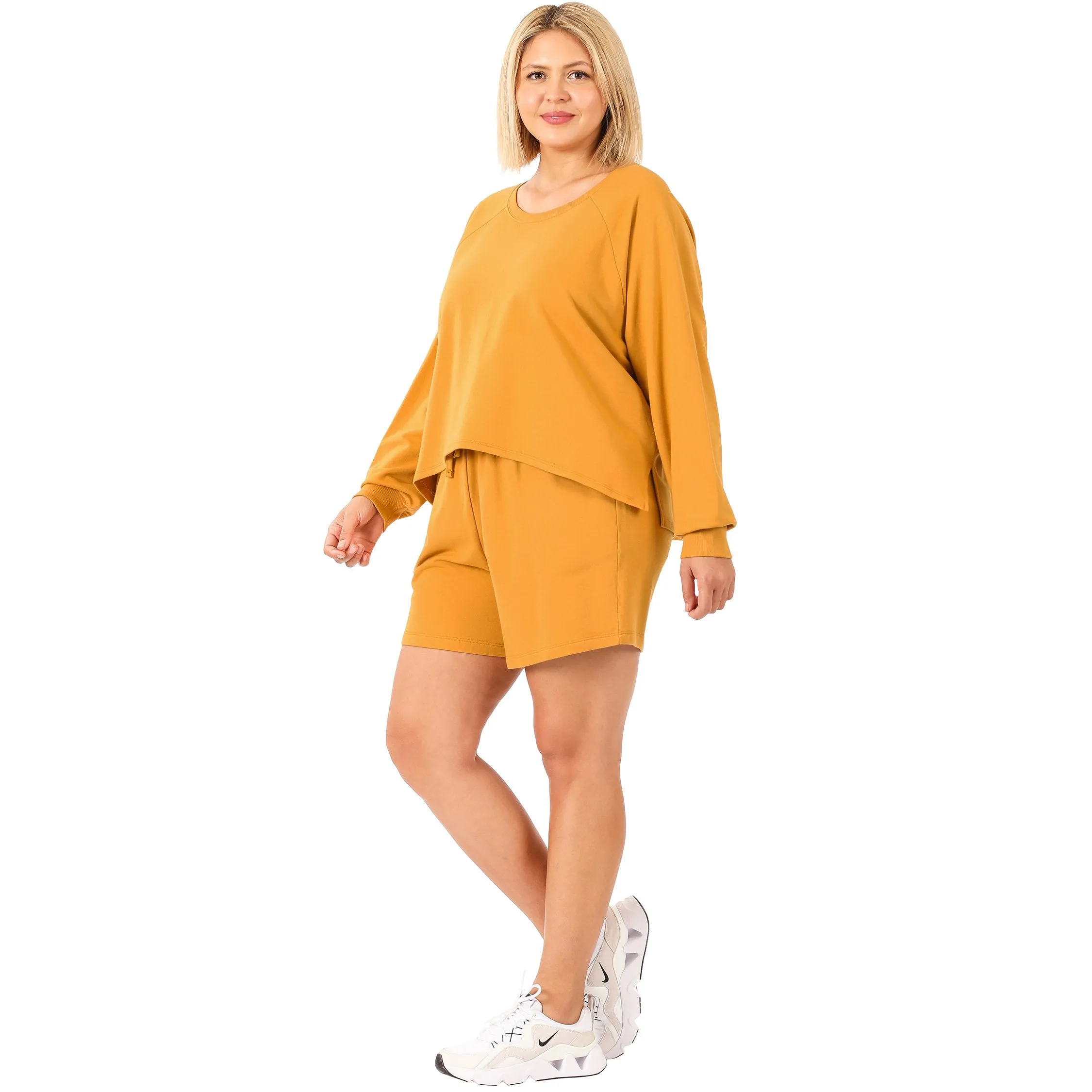 French Terry Sweatshirt & Shorts Lounge Set in Golden Mustard