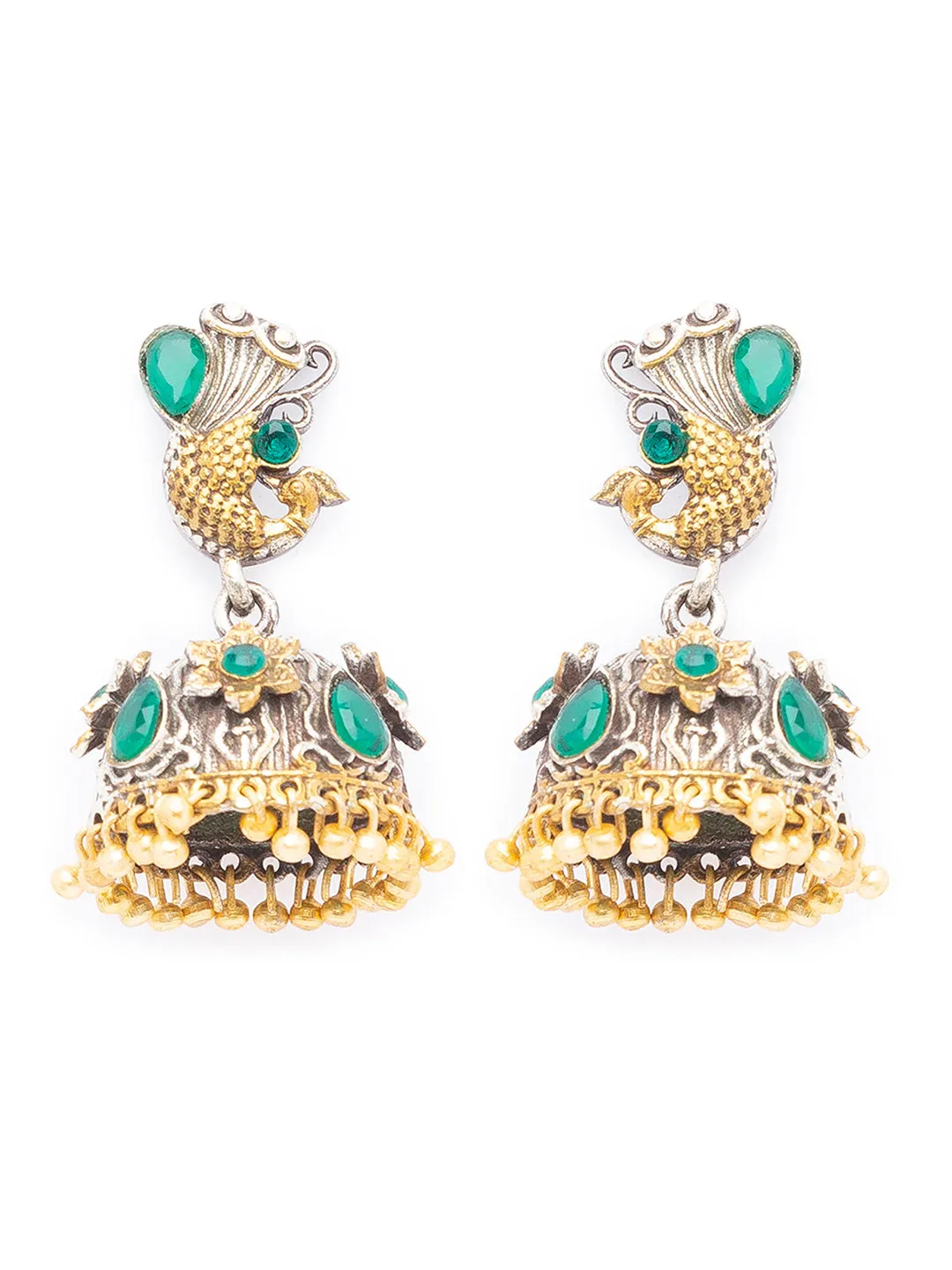 German Oxidized Silver Earrings Tribal Peacock Engraved Lightweight Stones Studded Danglers