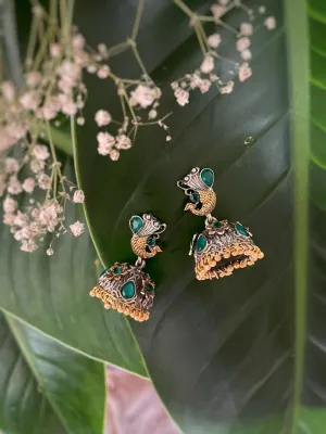 German Oxidized Silver Earrings Tribal Peacock Engraved Lightweight Stones Studded Danglers