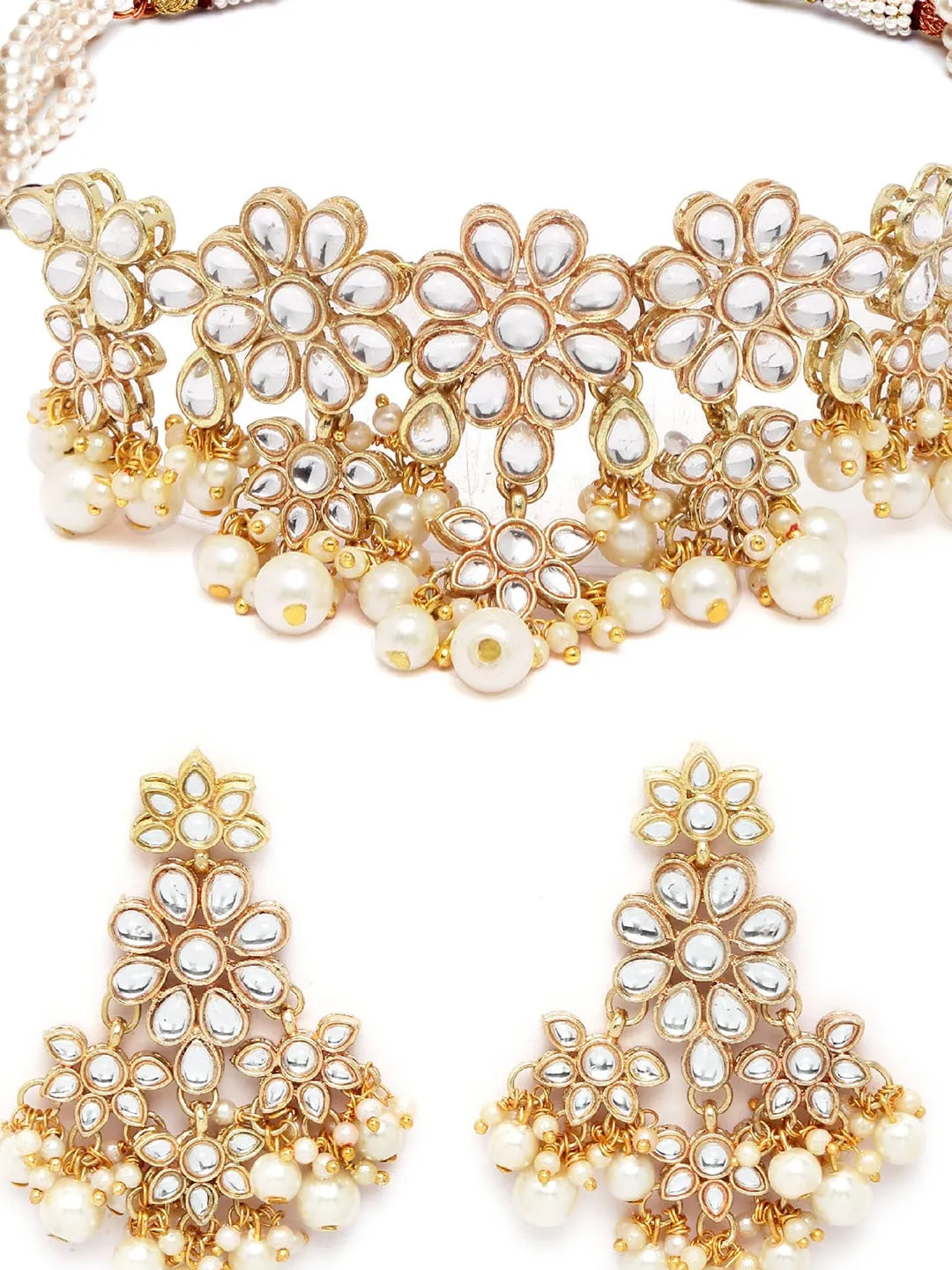 Gold-Plated White Kundan-Studded & Pearl Beaded Jewellery Set