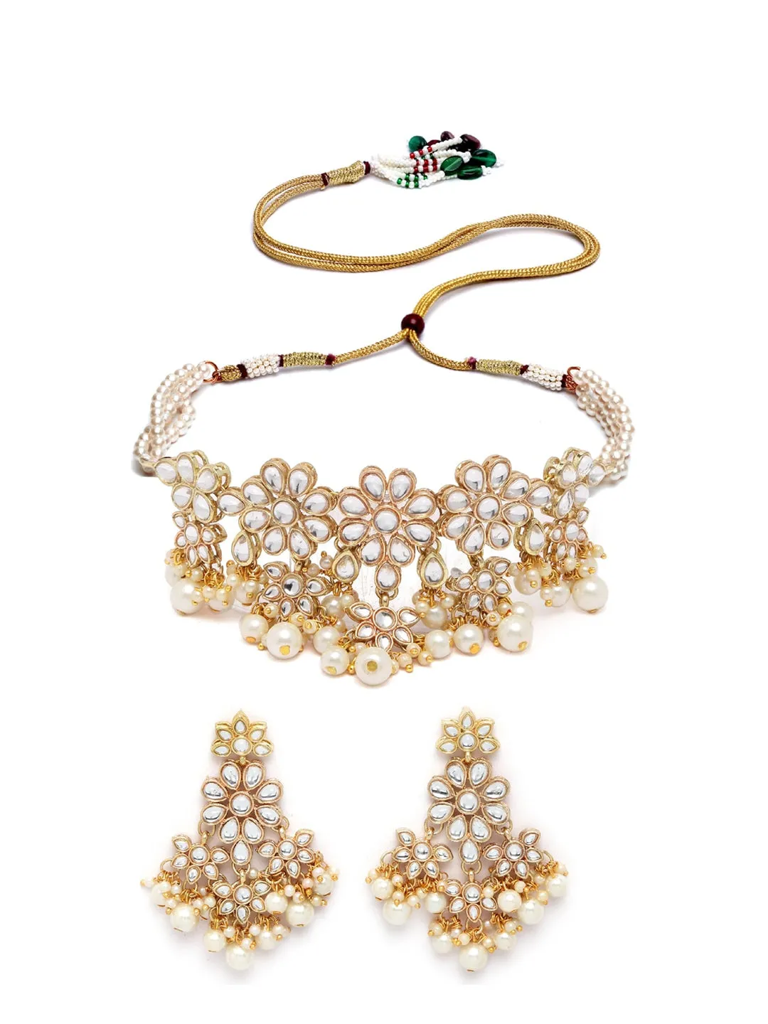 Gold-Plated White Kundan-Studded & Pearl Beaded Jewellery Set