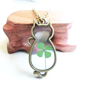 Green Clover & 18K Gold-Plated Cat Pendant Necklace