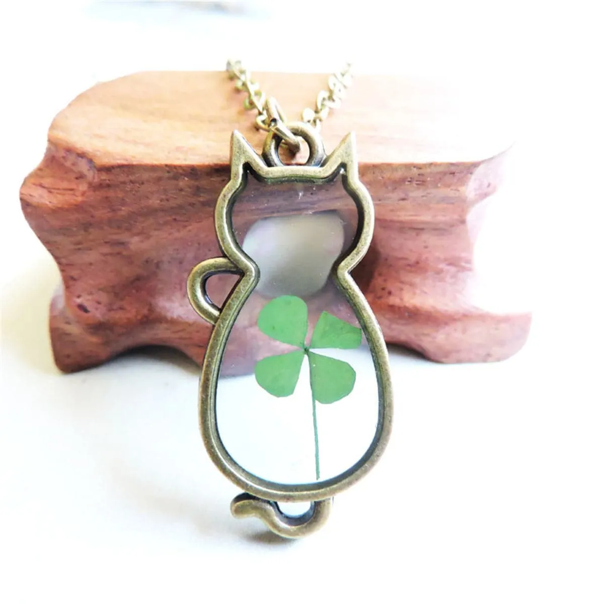 Green Clover & 18K Gold-Plated Cat Pendant Necklace
