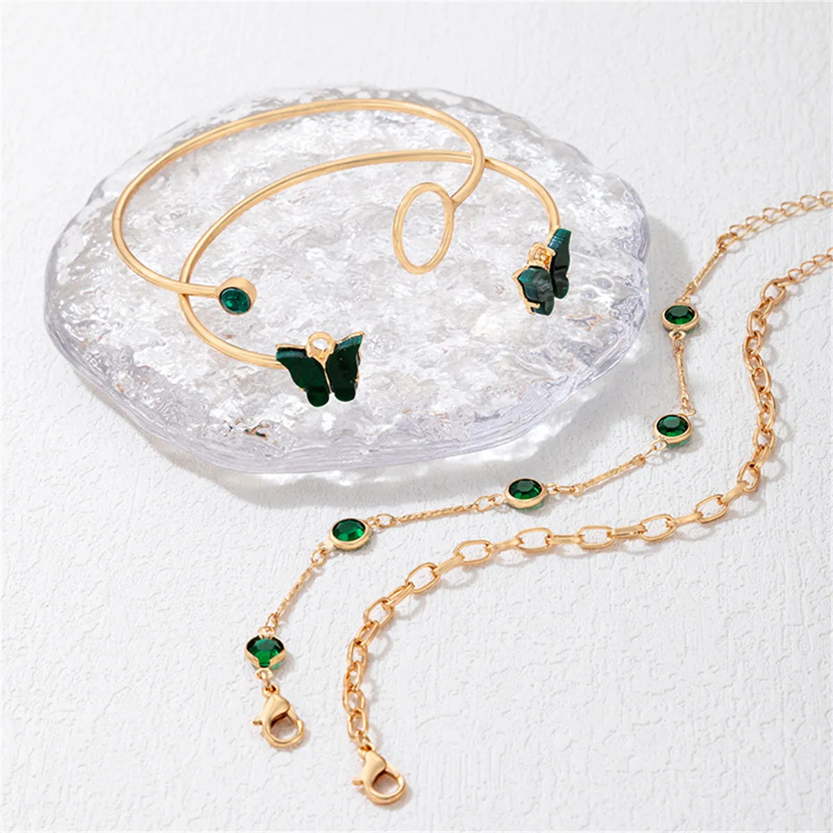 Green Crystal & 18K Gold-Plated Butterfly Cuff Bracelet Set