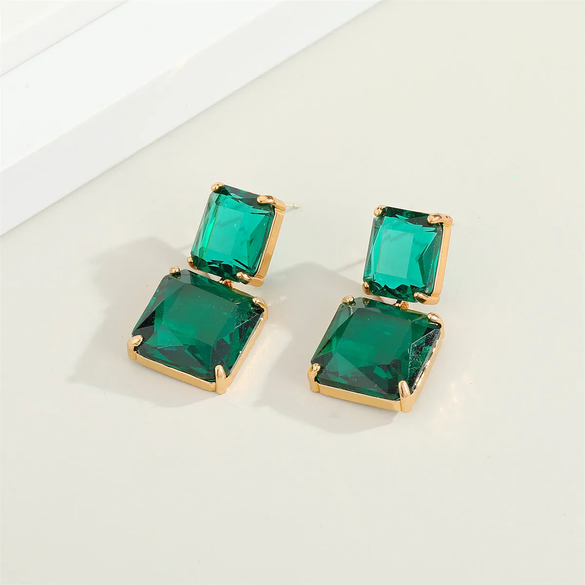 Green Crystal & 18K Gold-Plated Double Cube Drop Earrings