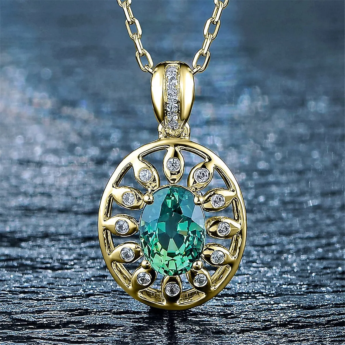 Green Crystal & Cubic Zirconia Eyes Pendant Necklace