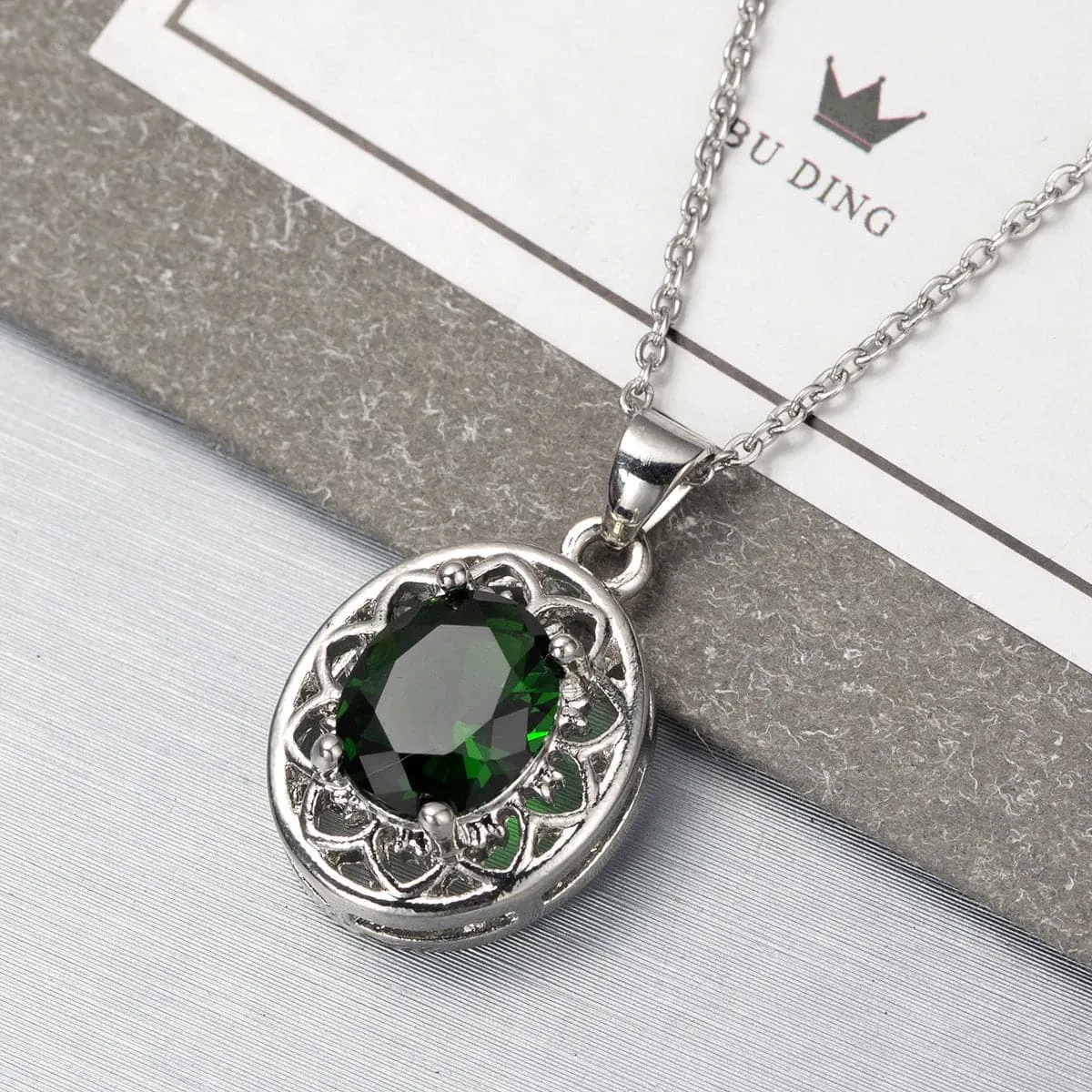 Green Crystal & Silver-Plated Floral Pendant Necklace