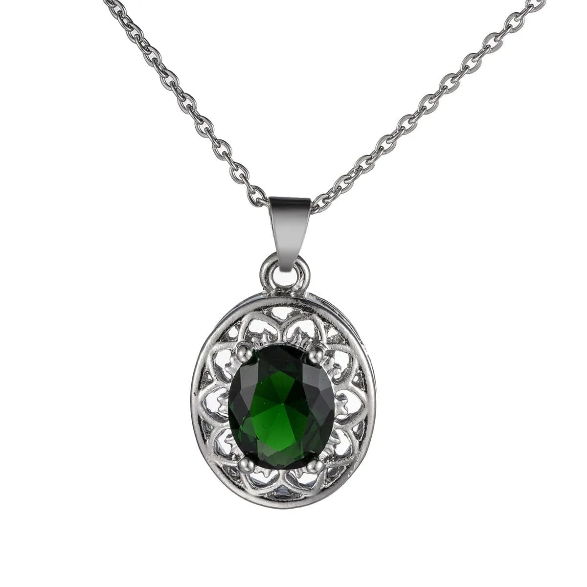 Green Crystal & Silver-Plated Floral Pendant Necklace
