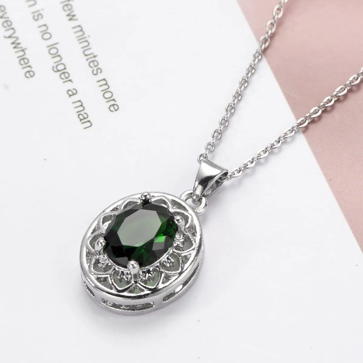 Green Crystal & Silver-Plated Floral Pendant Necklace