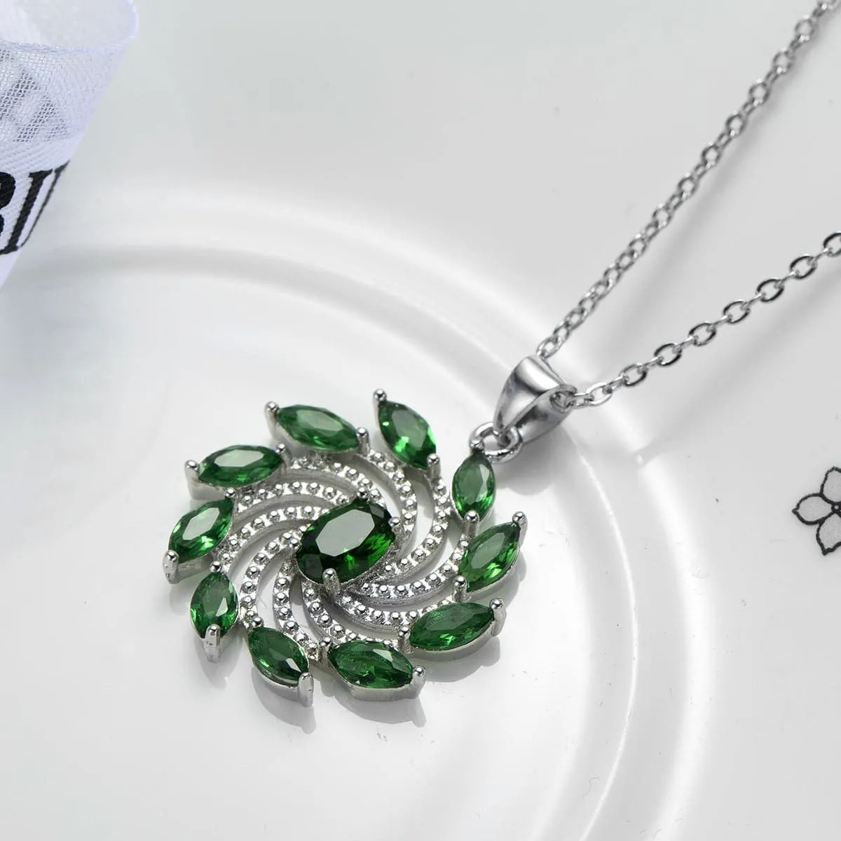 Green Crystal & Silver-Plated Vortex Marquise Pendant Necklace