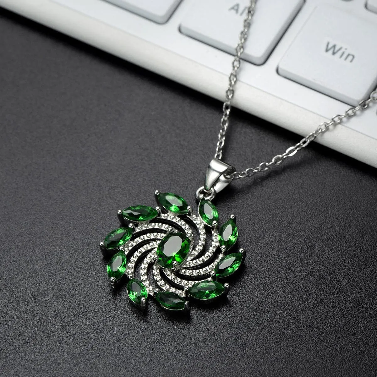 Green Crystal & Silver-Plated Vortex Marquise Pendant Necklace