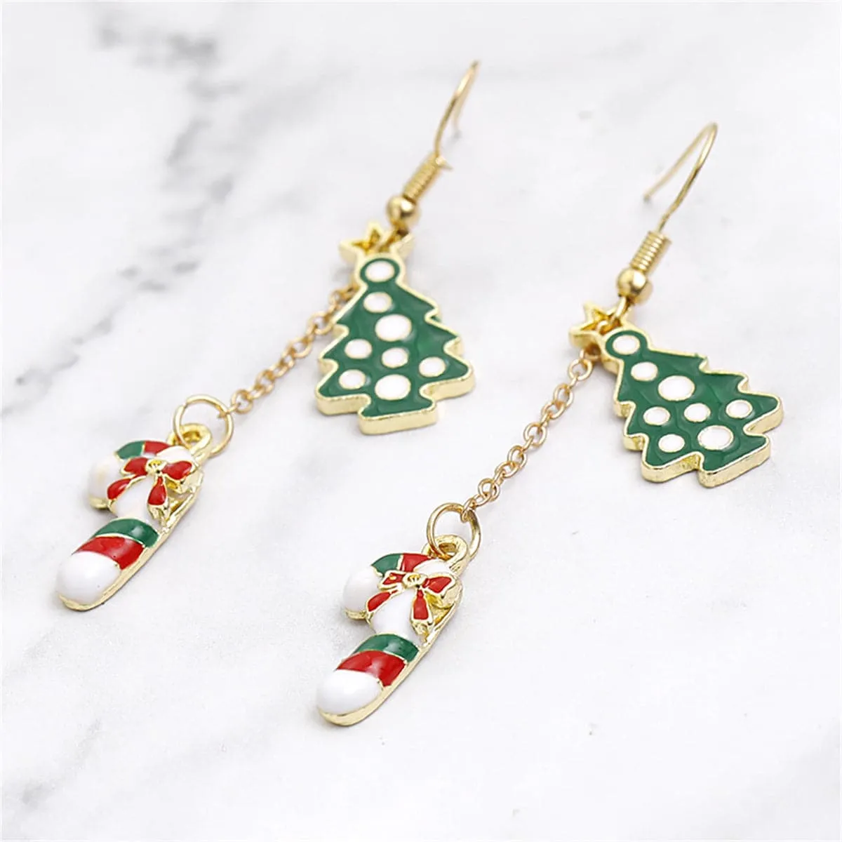 Green Enamel & 18K Gold-Plated Christmas Tree Candy Cane Drop Earrings
