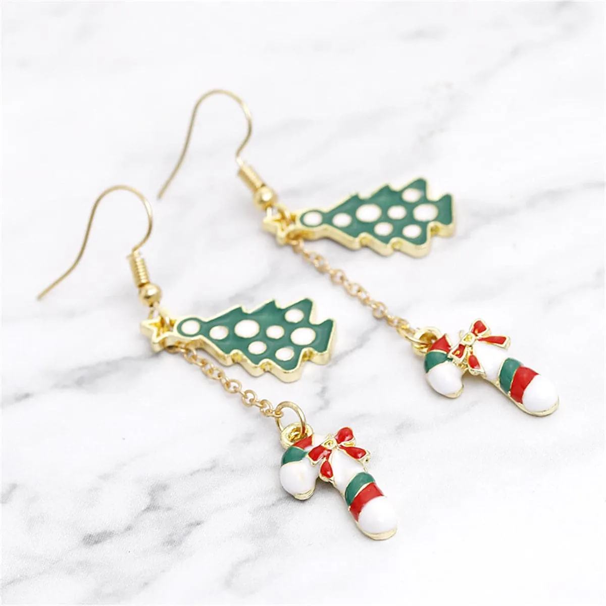 Green Enamel & 18K Gold-Plated Christmas Tree Candy Cane Drop Earrings
