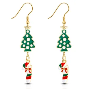 Green Enamel & 18K Gold-Plated Christmas Tree Candy Cane Drop Earrings