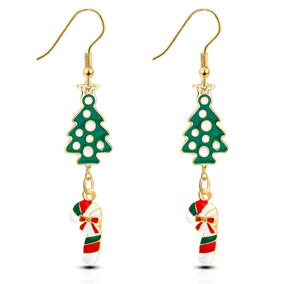 Green Enamel & 18K Gold-Plated Christmas Tree Candy Cane Drop Earrings
