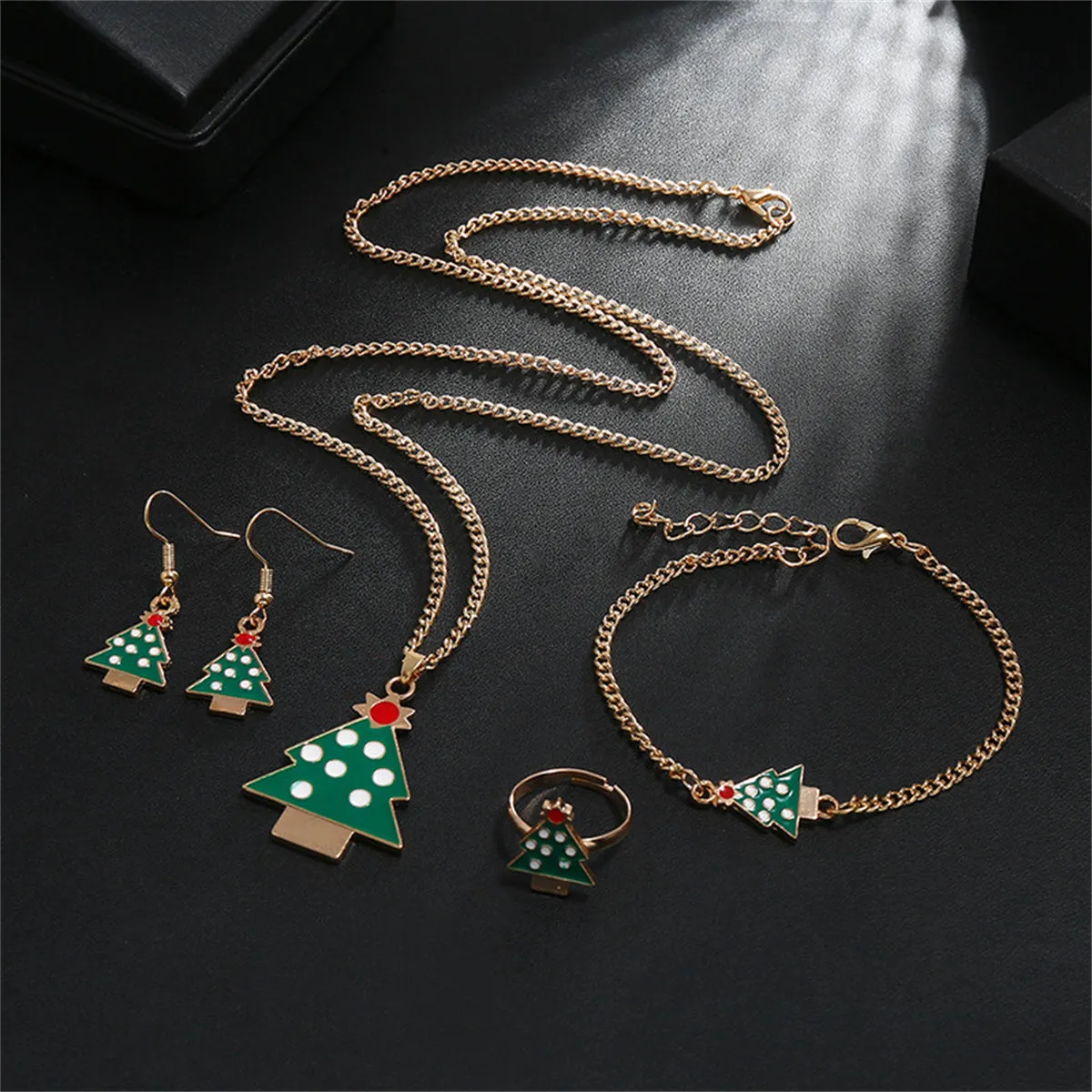 Green Enamel & 18K Gold-Plated Christmas Tree Jewelry Set