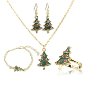 Green Enamel & 18K Gold-Plated Christmas Tree Pendant Necklace Set