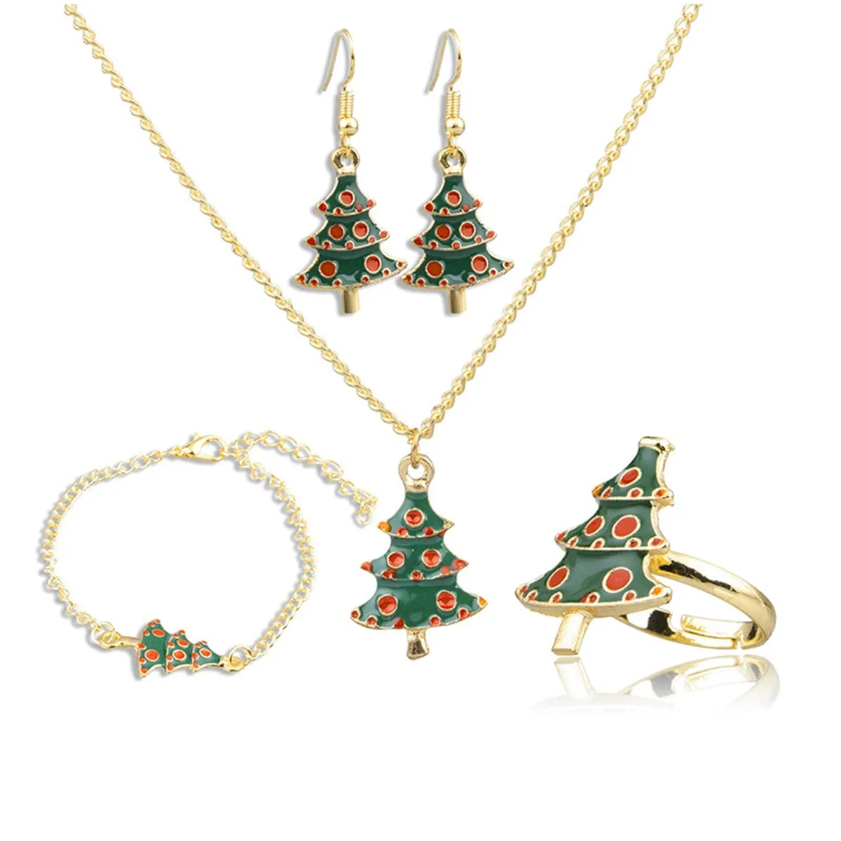Green Enamel & 18K Gold-Plated Christmas Tree Pendant Necklace Set