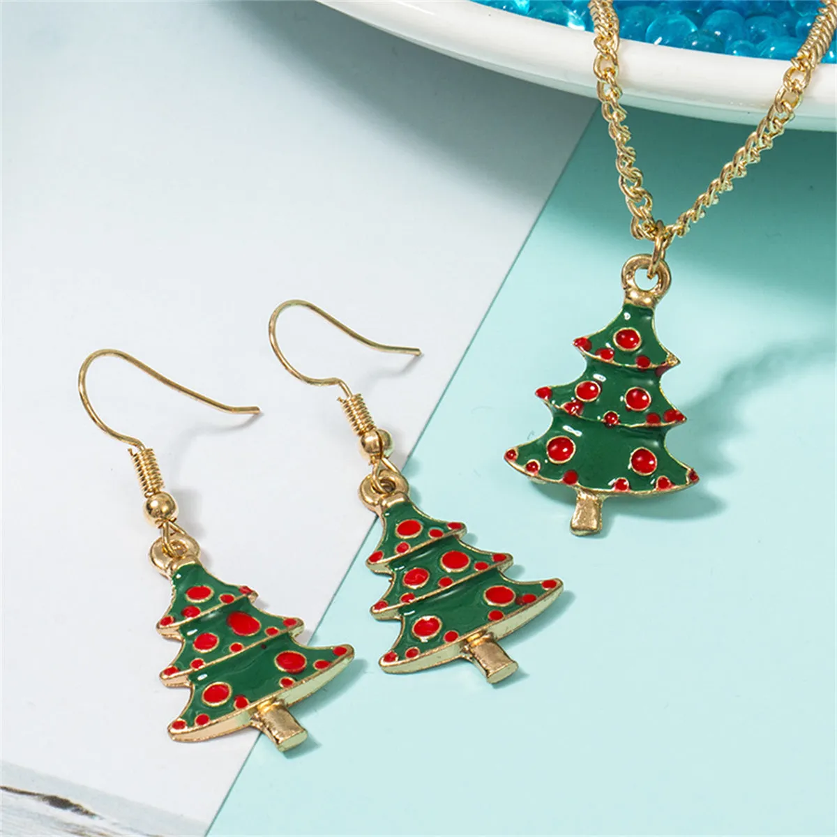 Green Enamel & 18K Gold-Plated Holiday Tree Pendant Necklace & Drop Earrings