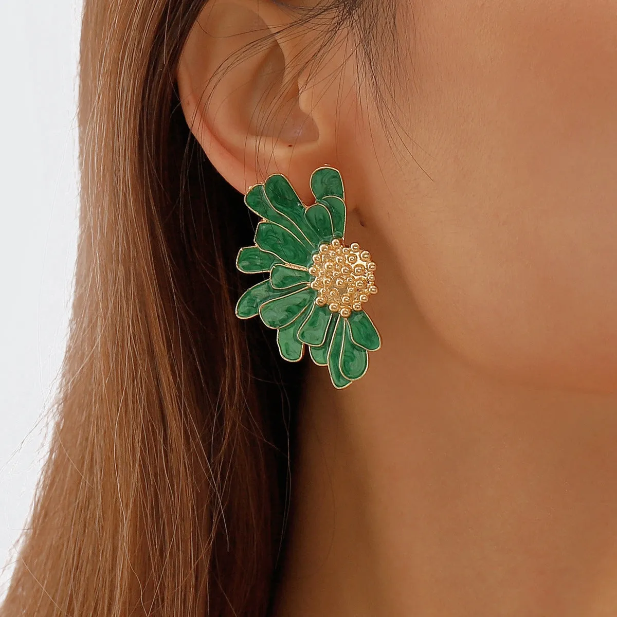 Green Enamel & 18K Gold-Plated Mum Stud Earrings