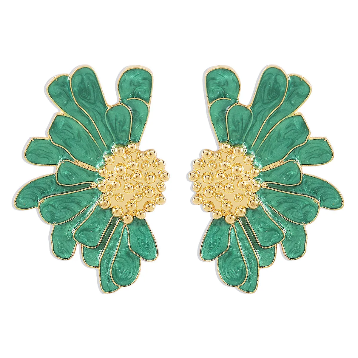 Green Enamel & 18K Gold-Plated Mum Stud Earrings