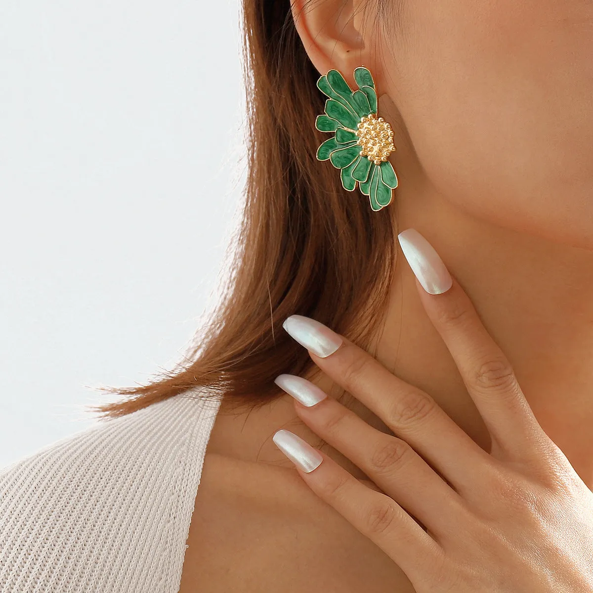 Green Enamel & 18K Gold-Plated Mum Stud Earrings