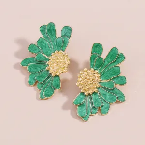 Green Enamel & 18K Gold-Plated Mum Stud Earrings