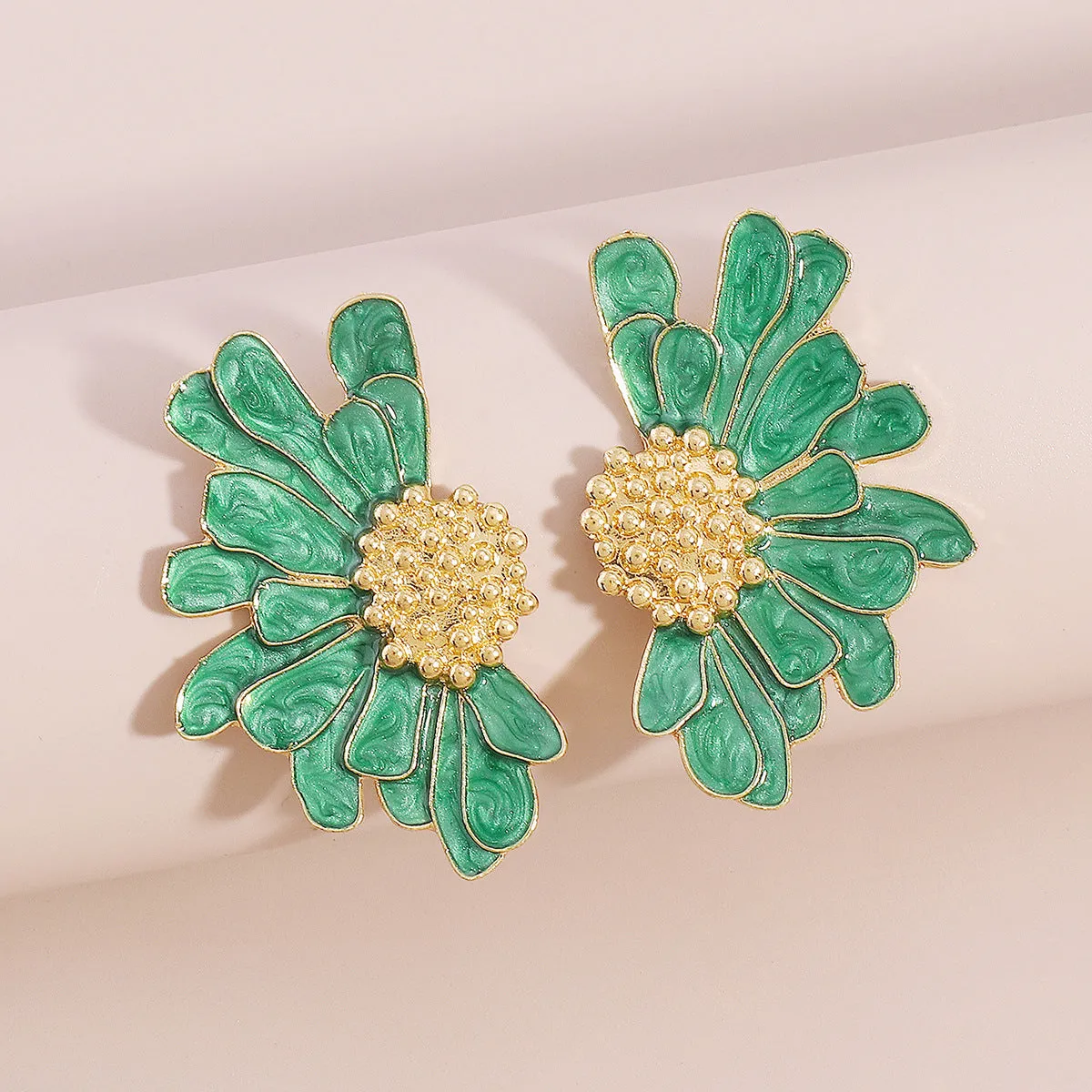 Green Enamel & 18K Gold-Plated Mum Stud Earrings