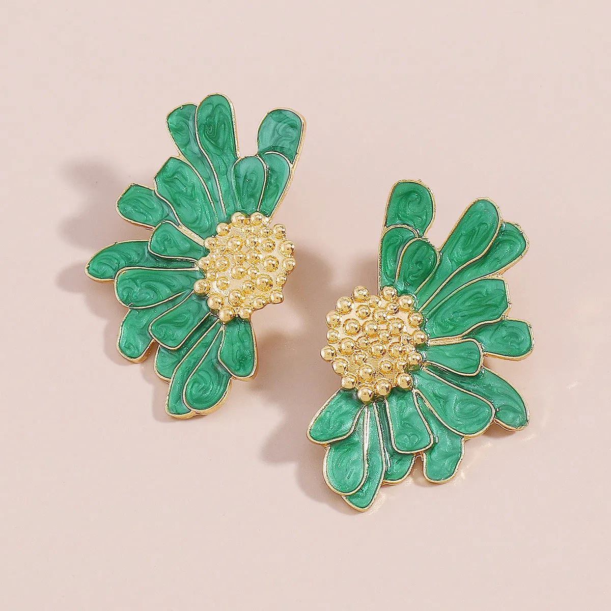 Green Enamel & 18K Gold-Plated Mum Stud Earrings