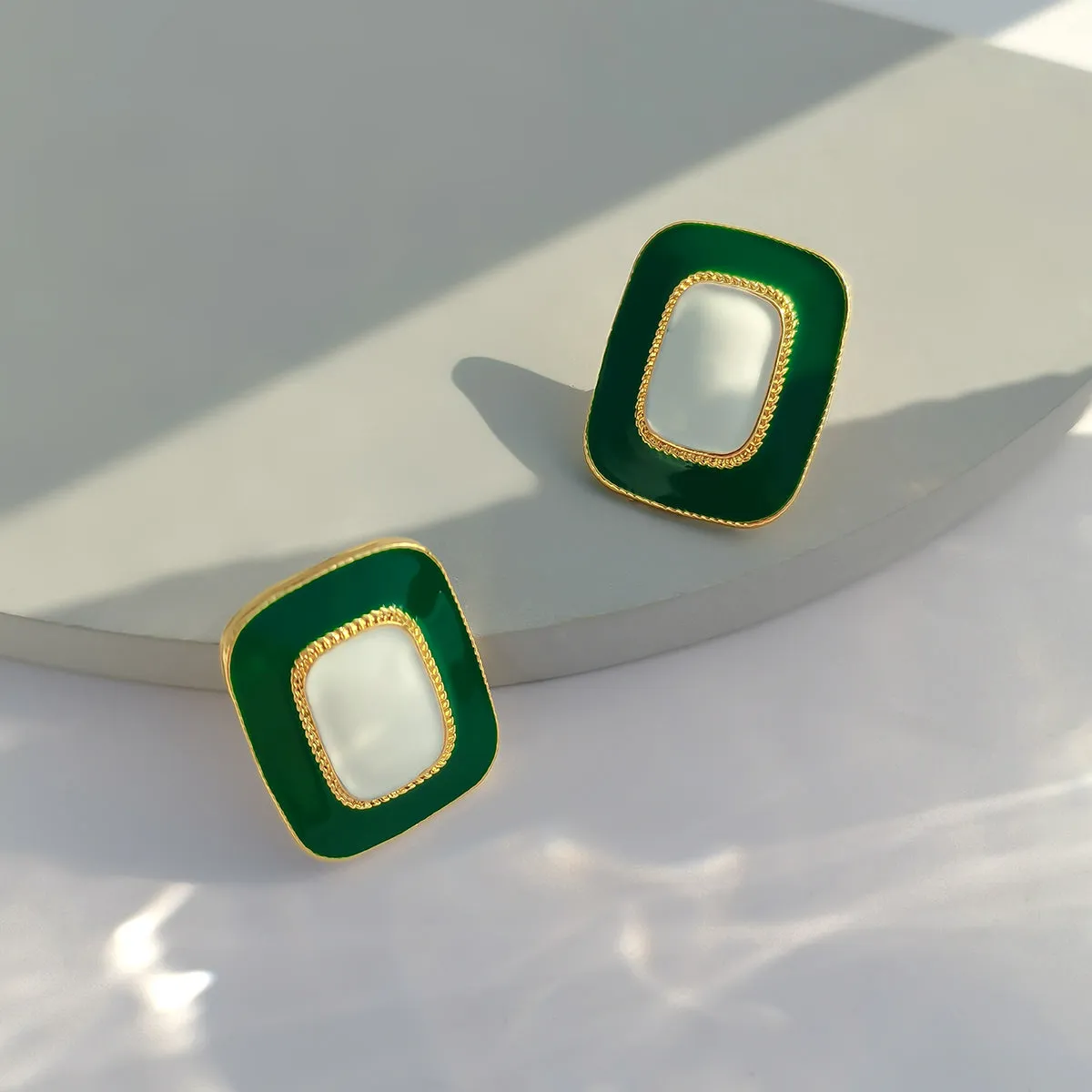 Green Enamel & 18K Gold-Plated Rectangle Stud Earrings