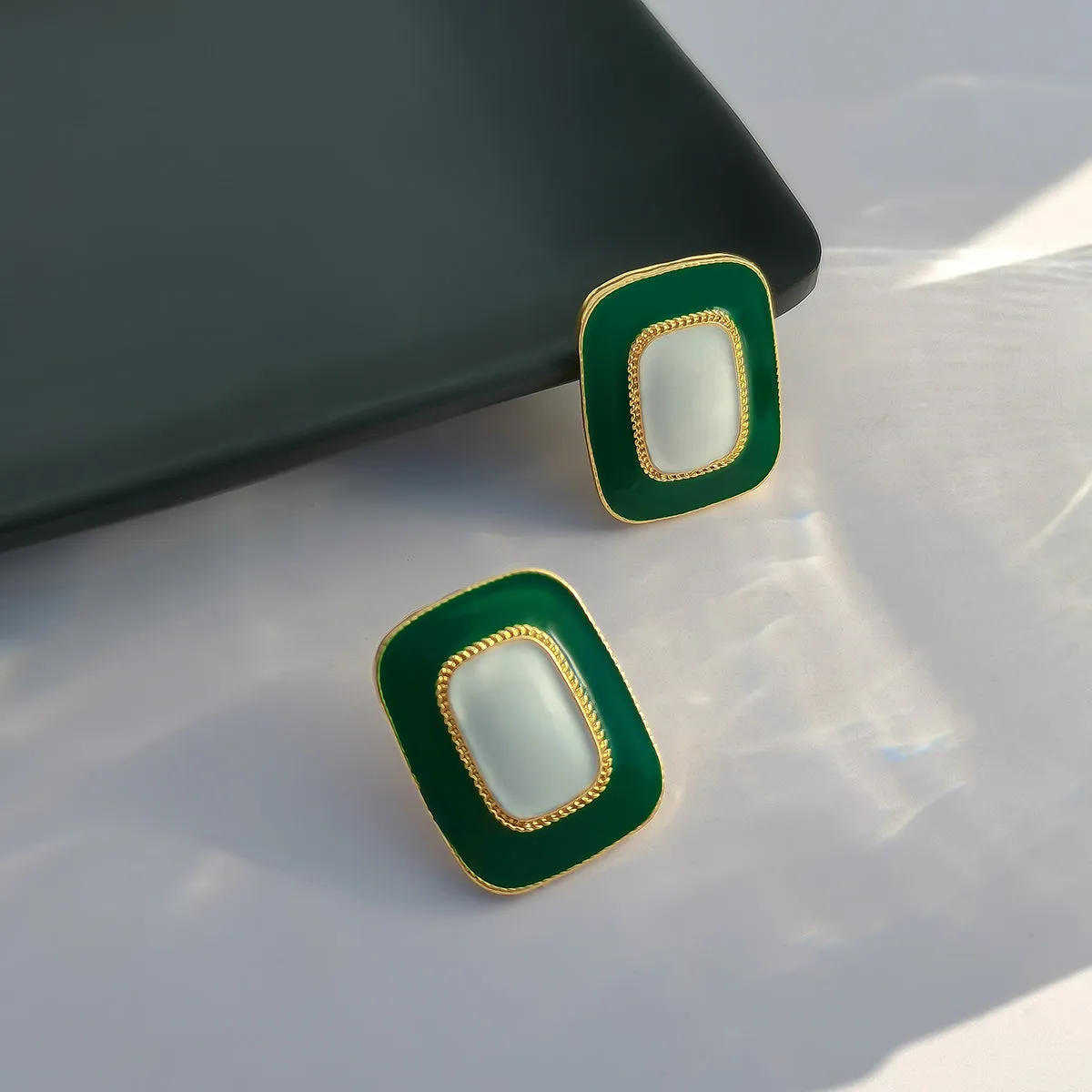 Green Enamel & 18K Gold-Plated Rectangle Stud Earrings
