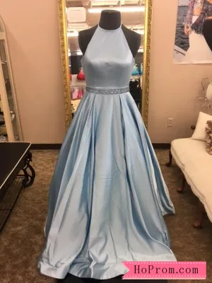Halter Neckline Open Back Light Blue Prom Dress Evening Gown Beaded Waist Band with Pockets