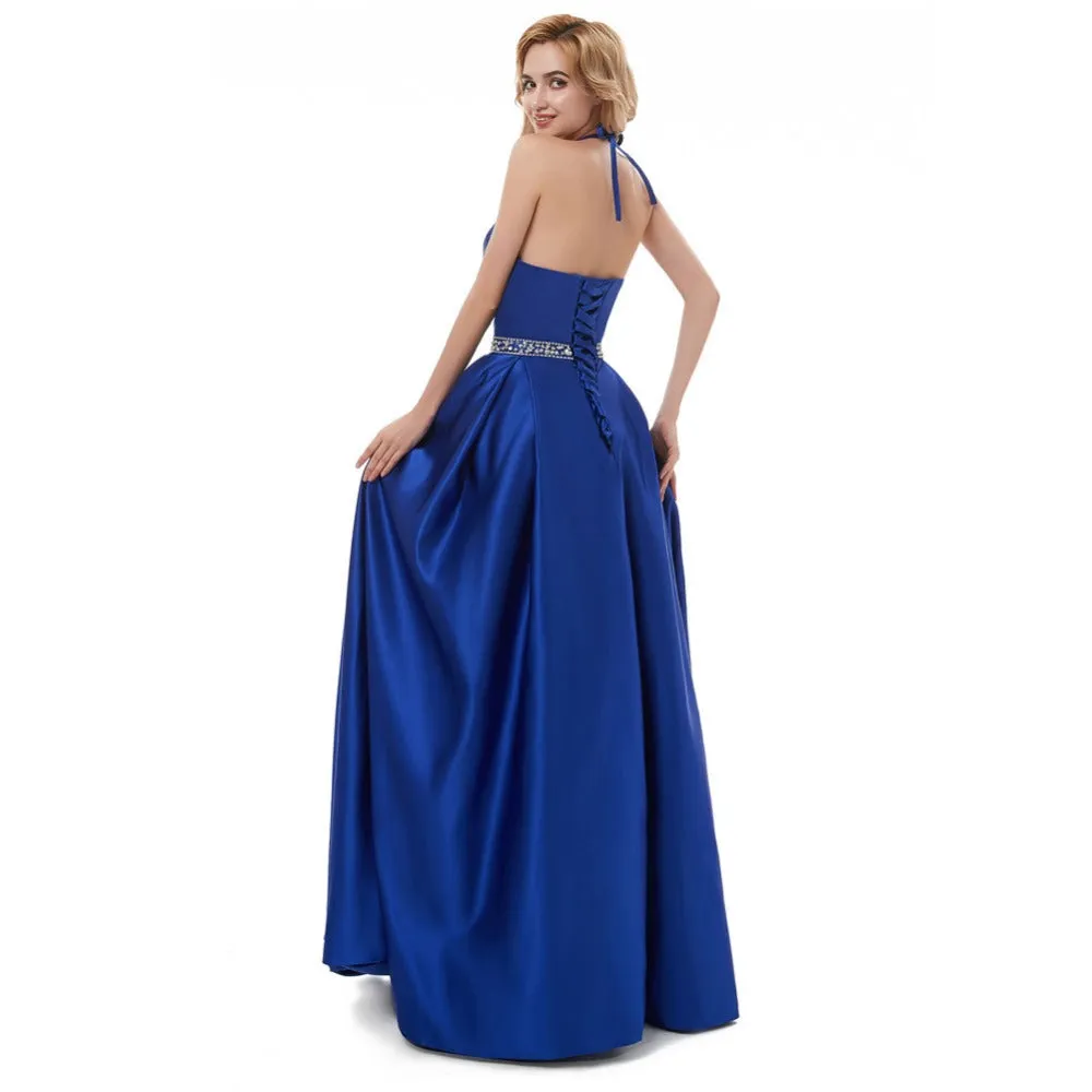 Halter Royal Blue Prom Dresses Stain Long Beaded Backless Evening Dress For Women