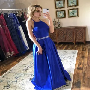 Halter Royal Blue Prom Dresses Stain Long Beaded Backless Evening Dress For Women