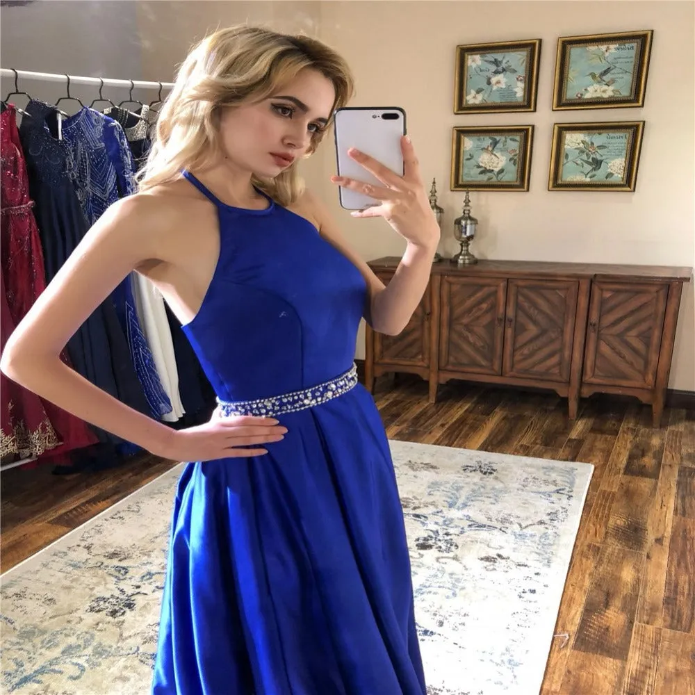 Halter Royal Blue Prom Dresses Stain Long Beaded Backless Evening Dress For Women