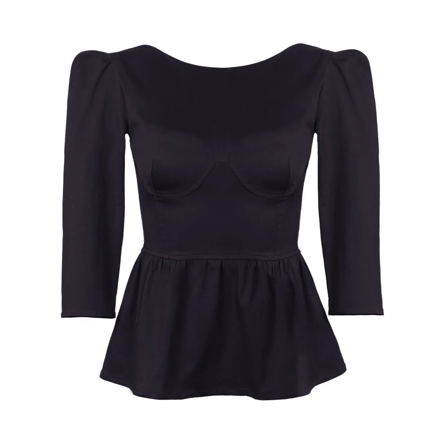 Hannah Bateau Neck Top with Corset Seam Details / Black Cotton