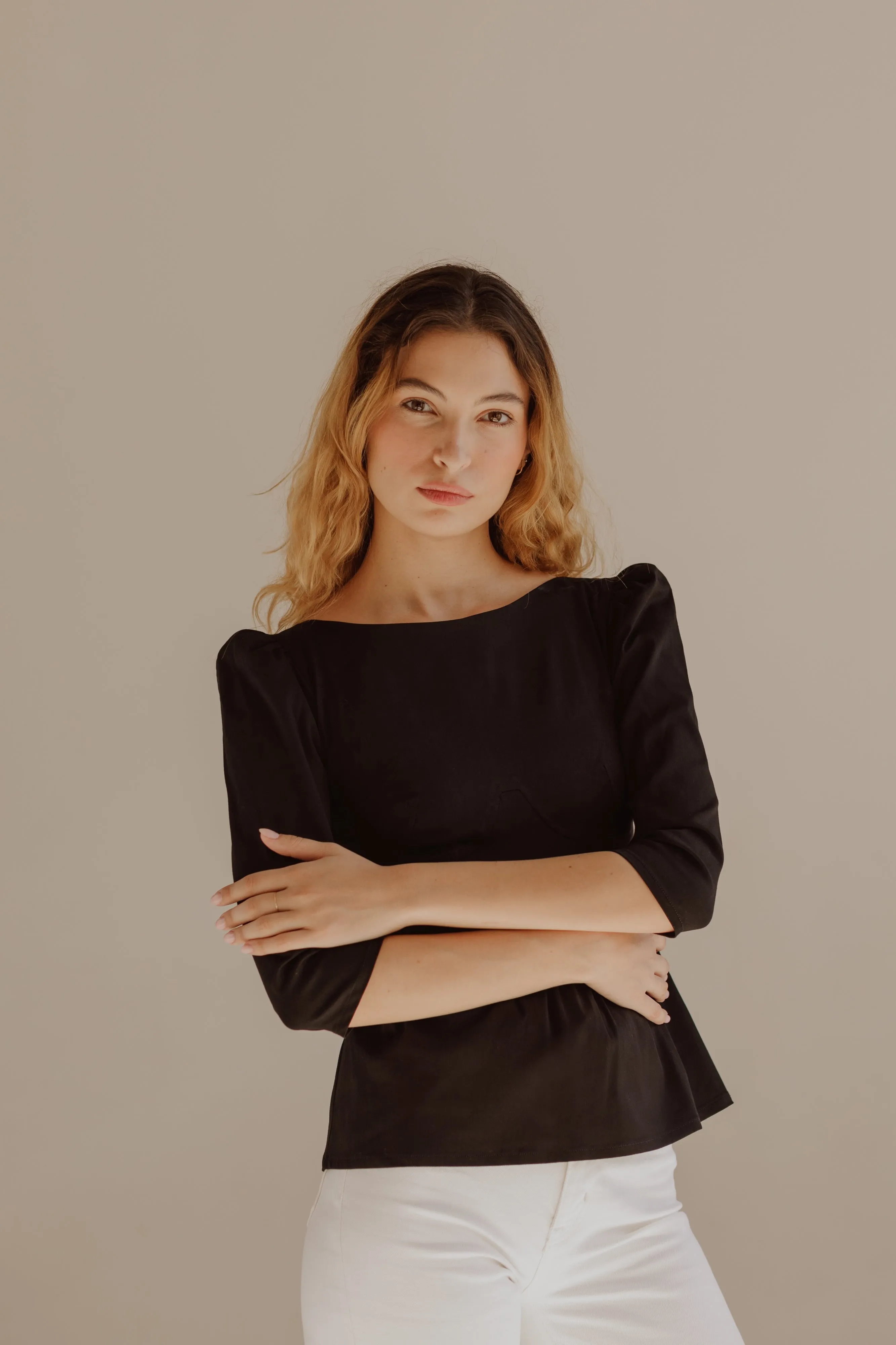 Hannah Bateau Neck Top with Corset Seam Details / Black Cotton