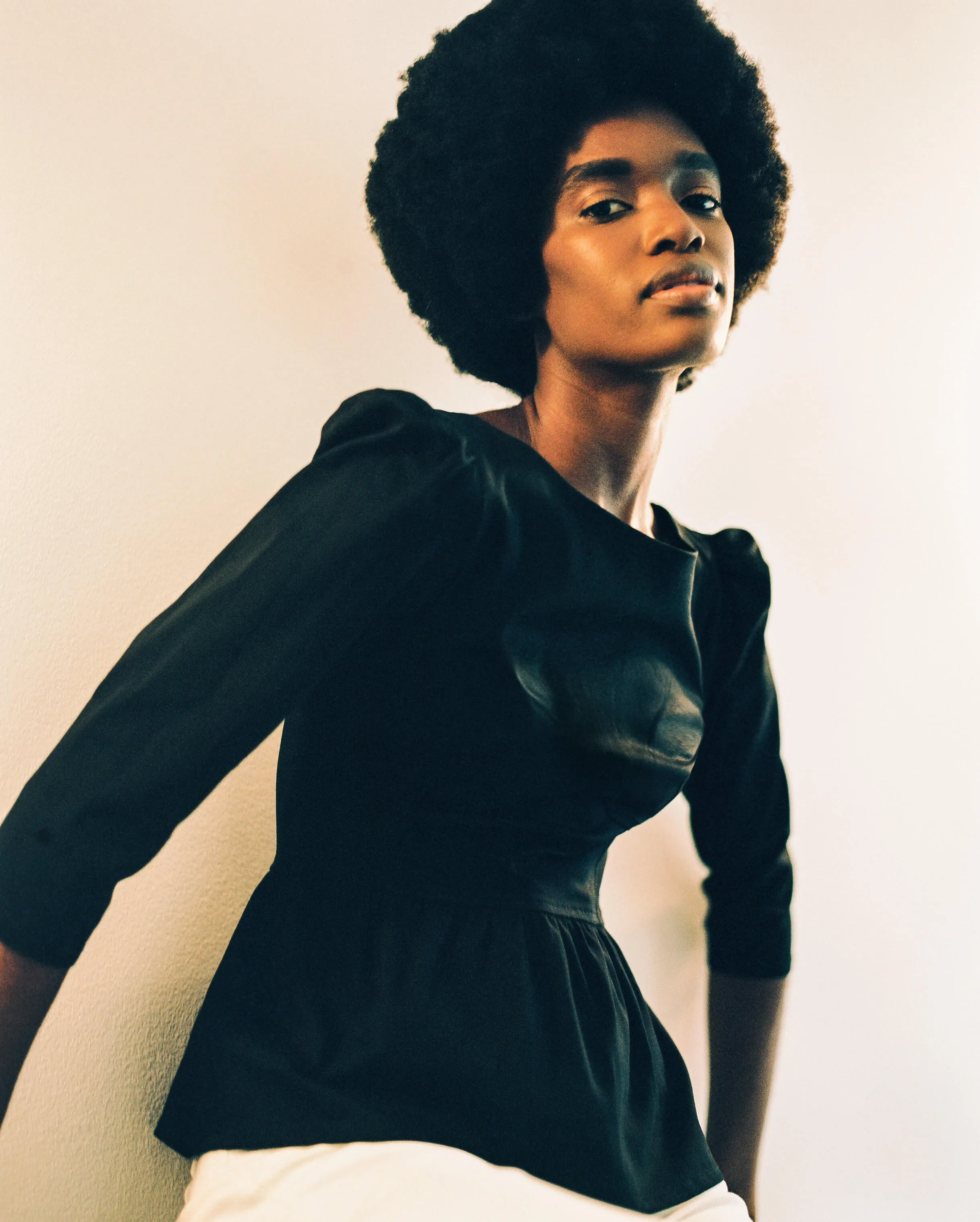 Hannah Bateau Neck Top with Corset Seam Details / Black Cotton