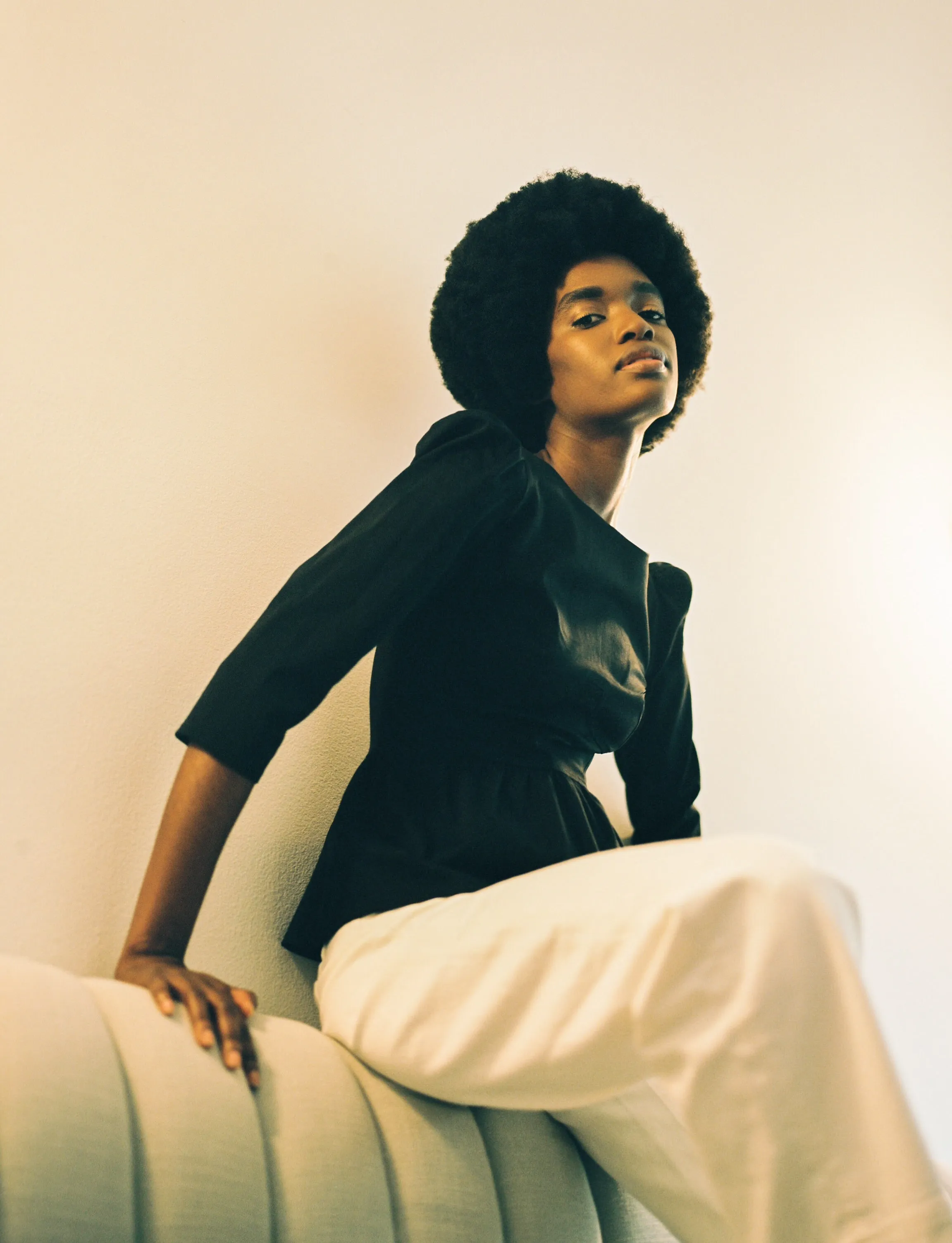 Hannah Bateau Neck Top with Corset Seam Details / Black Cotton