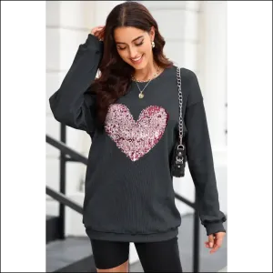 Heart Sequin Round Neck Sweatshirt