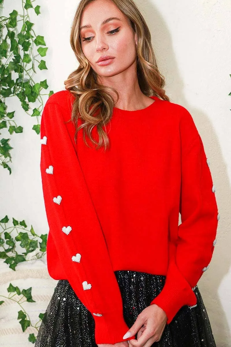 Heart Shaped Jeweled Button Detail Knitted Sweater